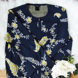 Ann Taylor Dark Blue Patterned Zip-Up Sweater